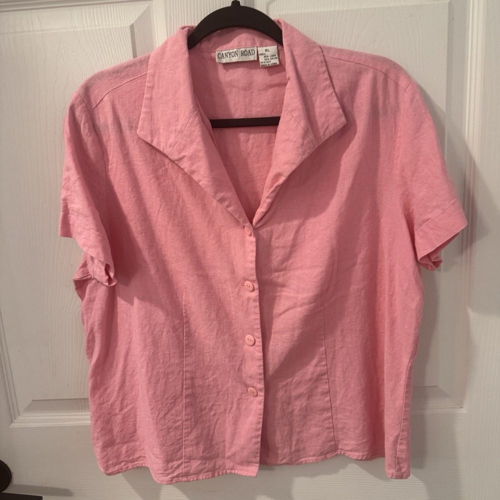 Canyon Road‎ Women's XL Pink Linen Blend Short Sleeve Button Up Career Summer